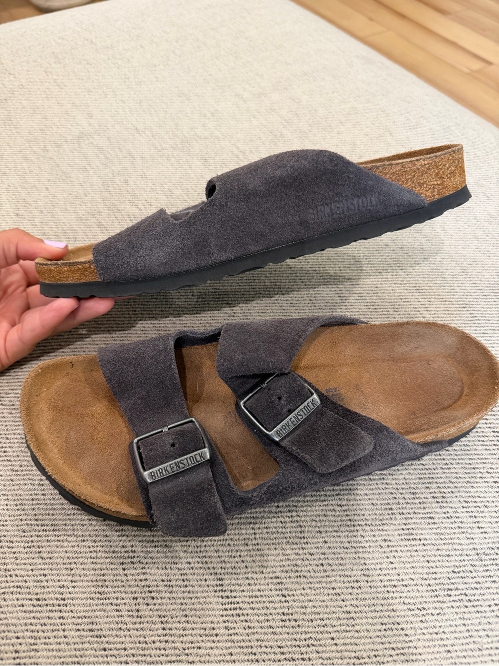 Birkenstock women’s Suede Two-Strap Slide Sandals - Gray - Picture 3 of 5